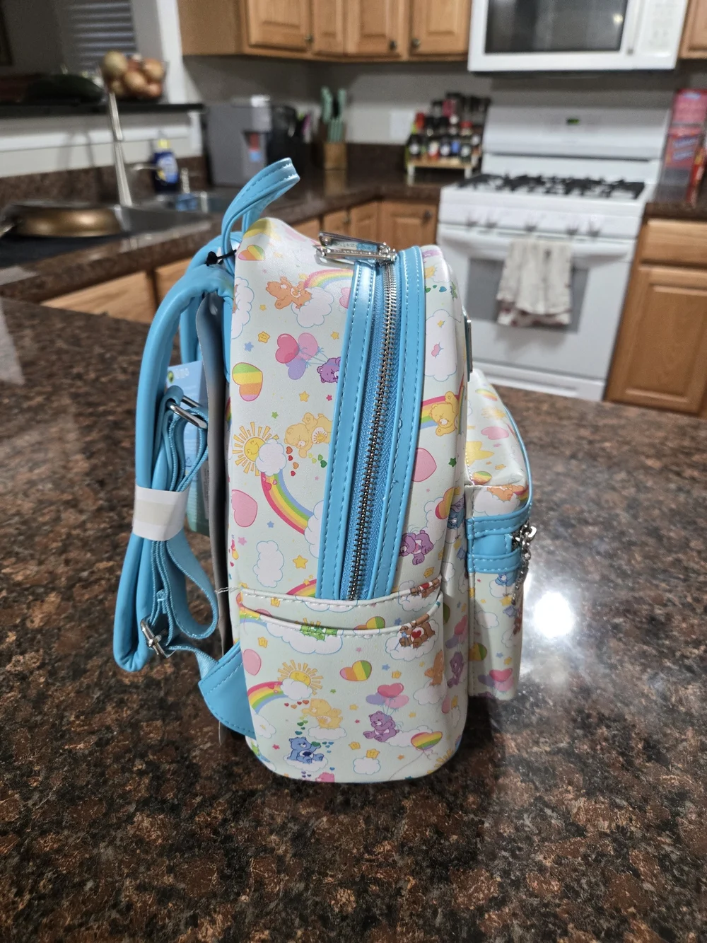 Loungefly White Mini Backpack with Blue Trim and Multicolor Care Bears NWT